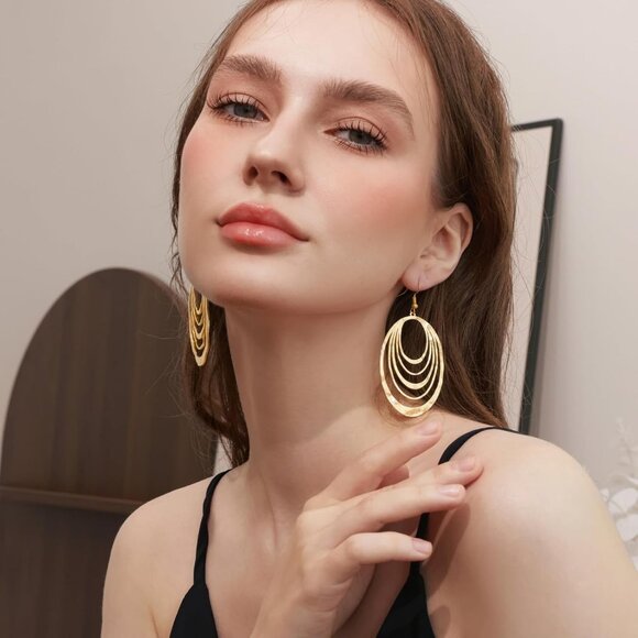 Big Gold Hollow Out Boho Geometric Hook Statement Gold Oval 2 Dangle Earrings - Picture 4 of 4